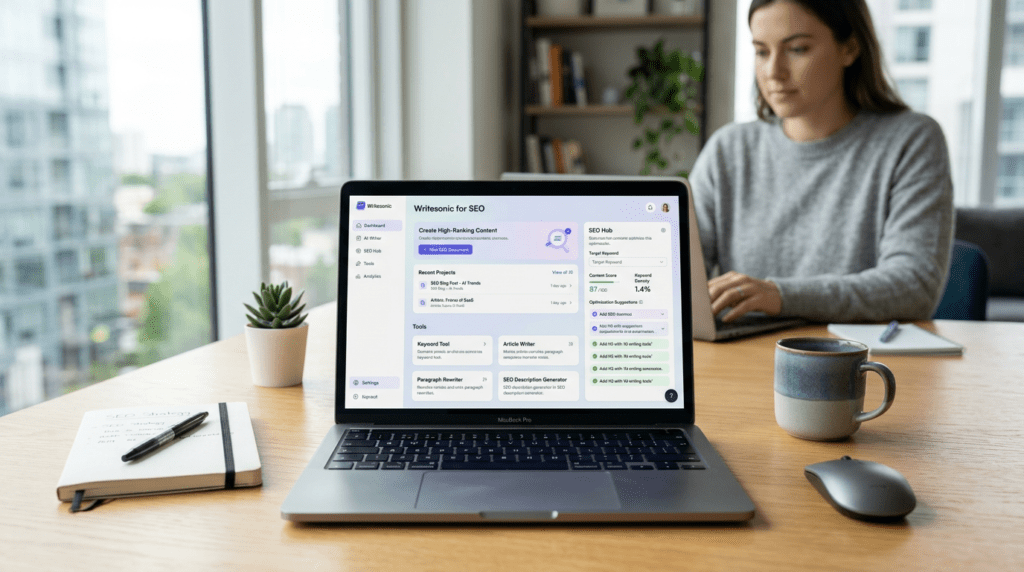 A professional workspace showing Writesonic for SEO tools on a laptop, enhancing content strategy.