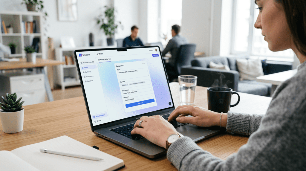 A professional workspace with a laptop showcasing the Writesonic Free Trial Explained dashboard for AI writing.