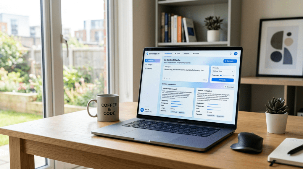Professional workspace comparing Writesonic vs Writesonic plans on a laptop screen, highlighting AI content features.
