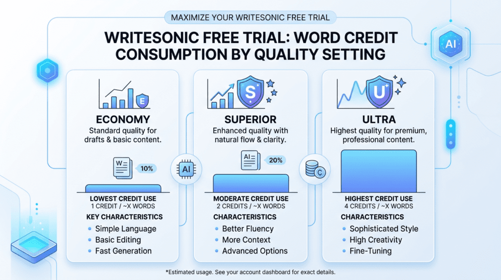 A comparison visual explaining Writesonic Free Trial word credit consumption across different quality settings.