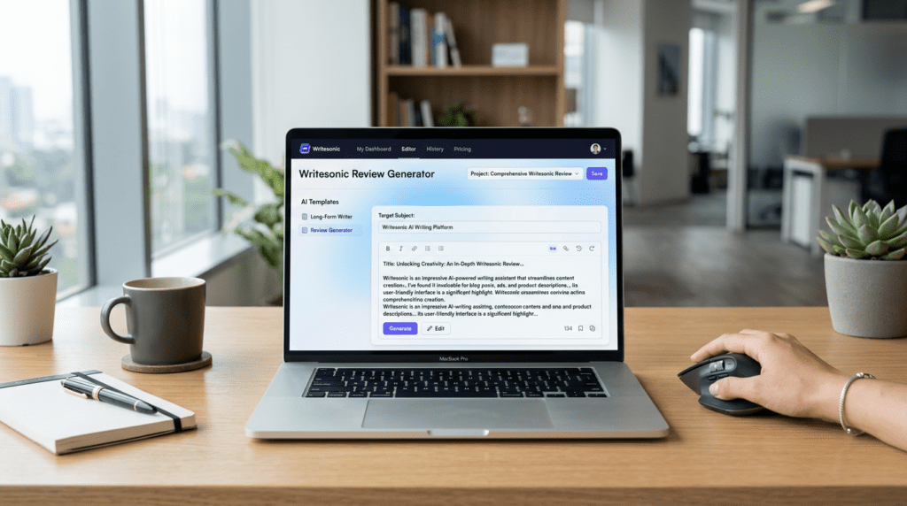 A professional workspace featuring a laptop displaying an AI writing dashboard for a Writesonic Review.