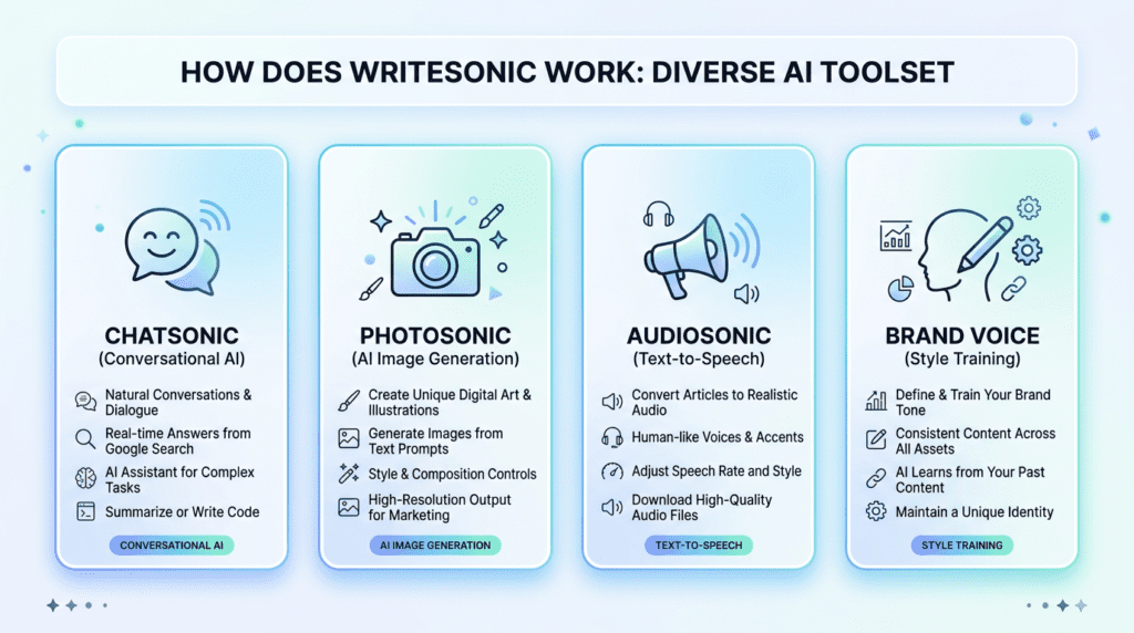 Infographic detailing Writesonic's diverse features like Chatsonic, Photosonic, and Audiosonic, explaining how Does Writesonic Work.
