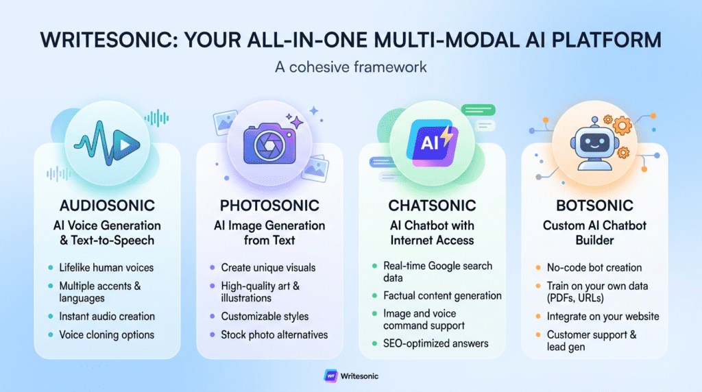 Infographic showcasing Writesonic's unique features like Audiosonic, Photosonic, Chatsonic, and Botsonic.