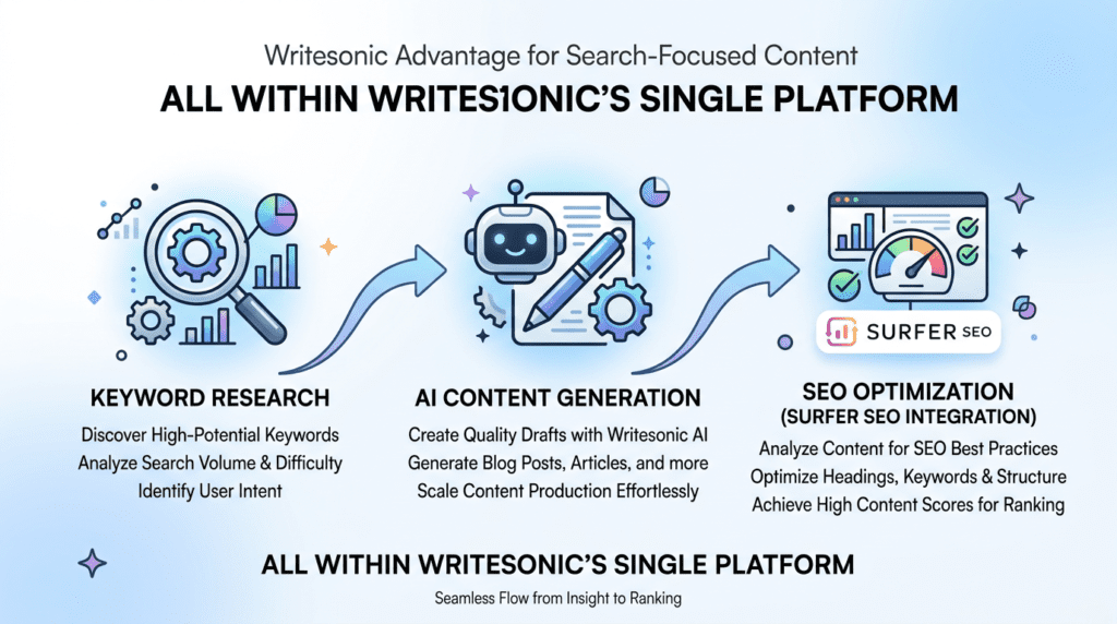 An infographic detailing Writesonic's integrated SEO workflow, including keyword research and Surfer SEO integration.
