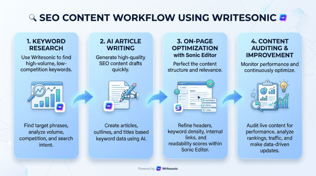 A workflow diagram illustrating the complete Writesonic for SEO content creation process.