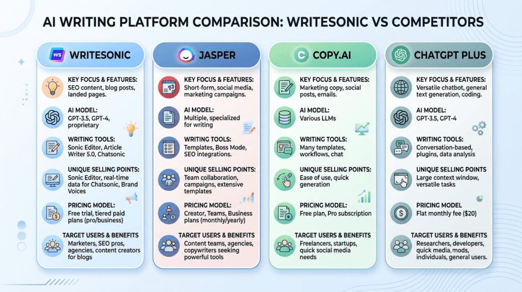 Comparison infographic showing Writesonic vs. competitors like Jasper, Copy.ai, and ChatGPT Plus, helping decide if Writesonic is worth it.