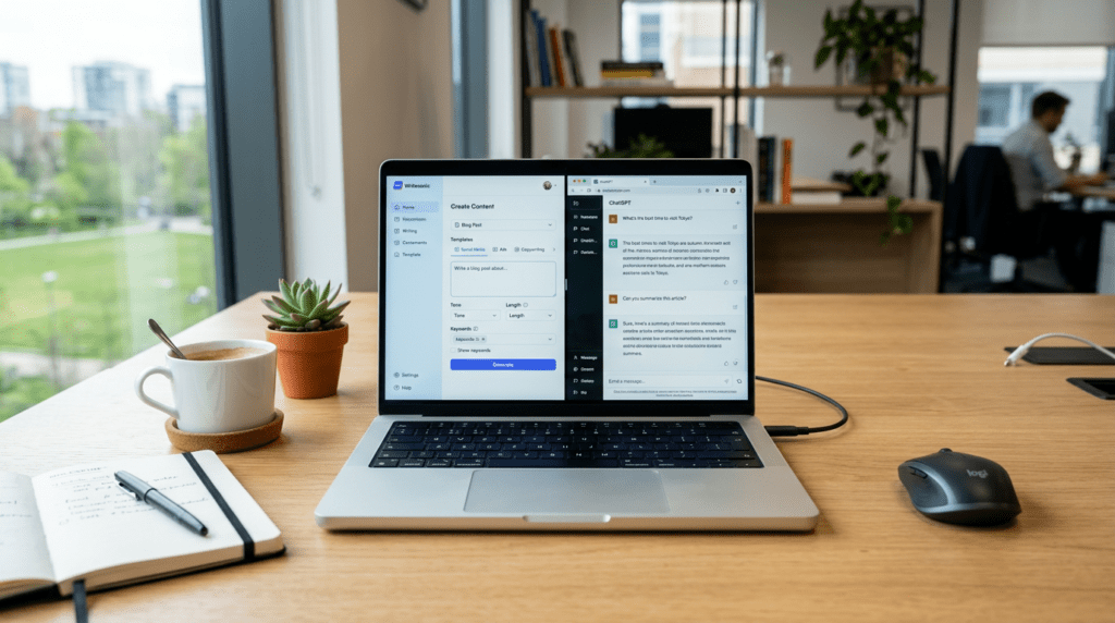 A laptop showing Writesonic vs ChatGPT interfaces in a modern workspace, highlighting AI writer differences.