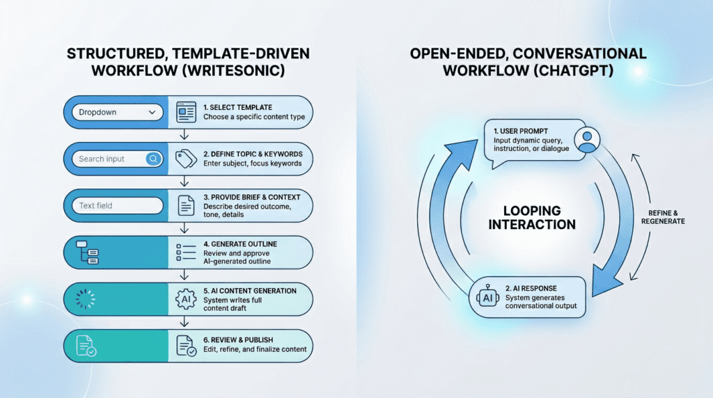 A workflow diagram showing the structured, template-driven process of Writesonic vs ChatGPT's conversational model.