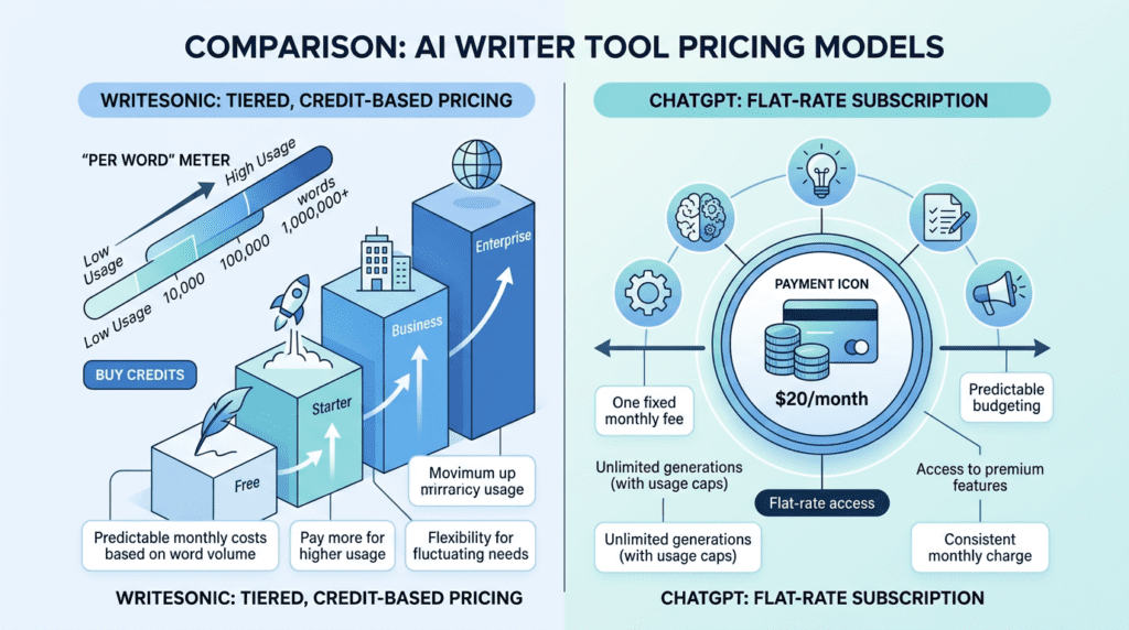 An infographic comparing Writesonic vs ChatGPT pricing models, showing tiered credit-based vs. flat-rate subscriptions.