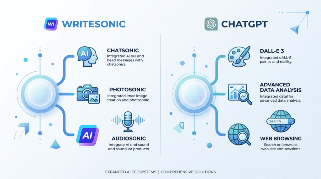 An infographic comparing Writesonic vs ChatGPT specialized AI tools like Chatsonic, DALL-E 3, and data analysis.