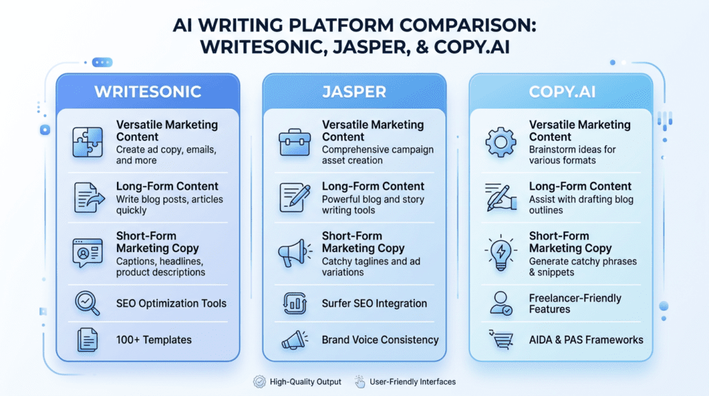Infographic comparing Writesonic, Jasper, and Copy.ai features and pricing for an AI writer review.