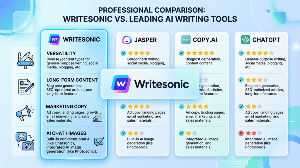 A comparison chart highlighting how Writesonic stacks up against other AI writing tools.