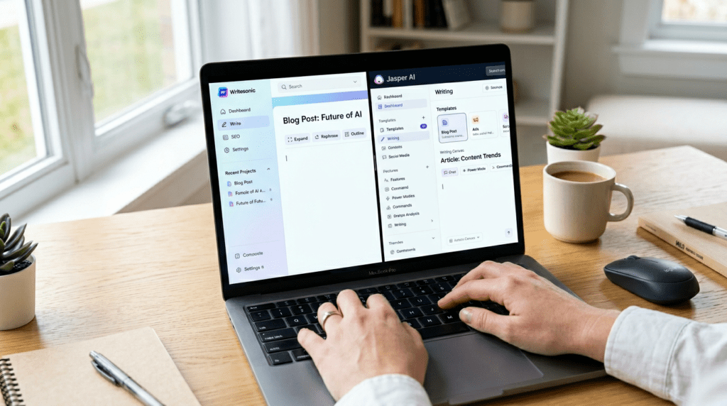 A professional workspace comparing Writesonic vs Jasper AI on a laptop screen, highlighting AI writing assistants.