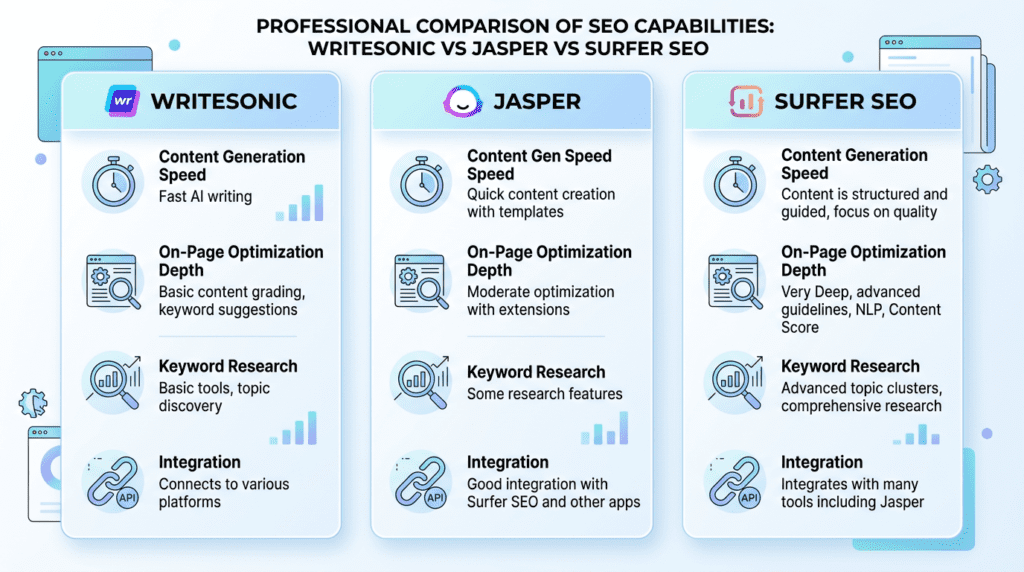 A comparison visual of Writesonic for SEO capabilities against Jasper and Surfer SEO.