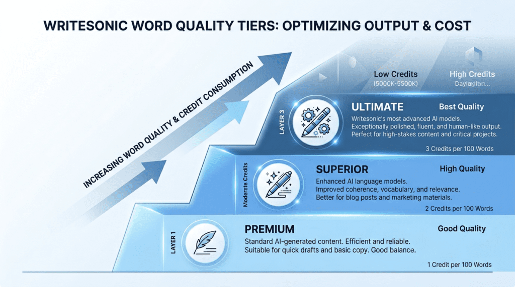 Infographic explaining Writesonic's word quality tiers (Premium, Superior, Ultimate) and their impact on value, showing if Writesonic is worth it.